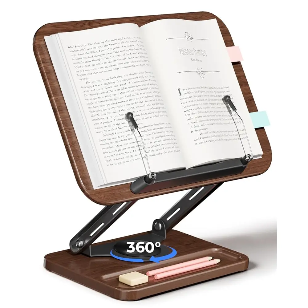 

Подставка для книг, держатель для чтения с поворотом на 360 градусов ° Вращающаяся подставка с отсеком для ручки, складная подставка для чтения с эластичными зажимами для страниц