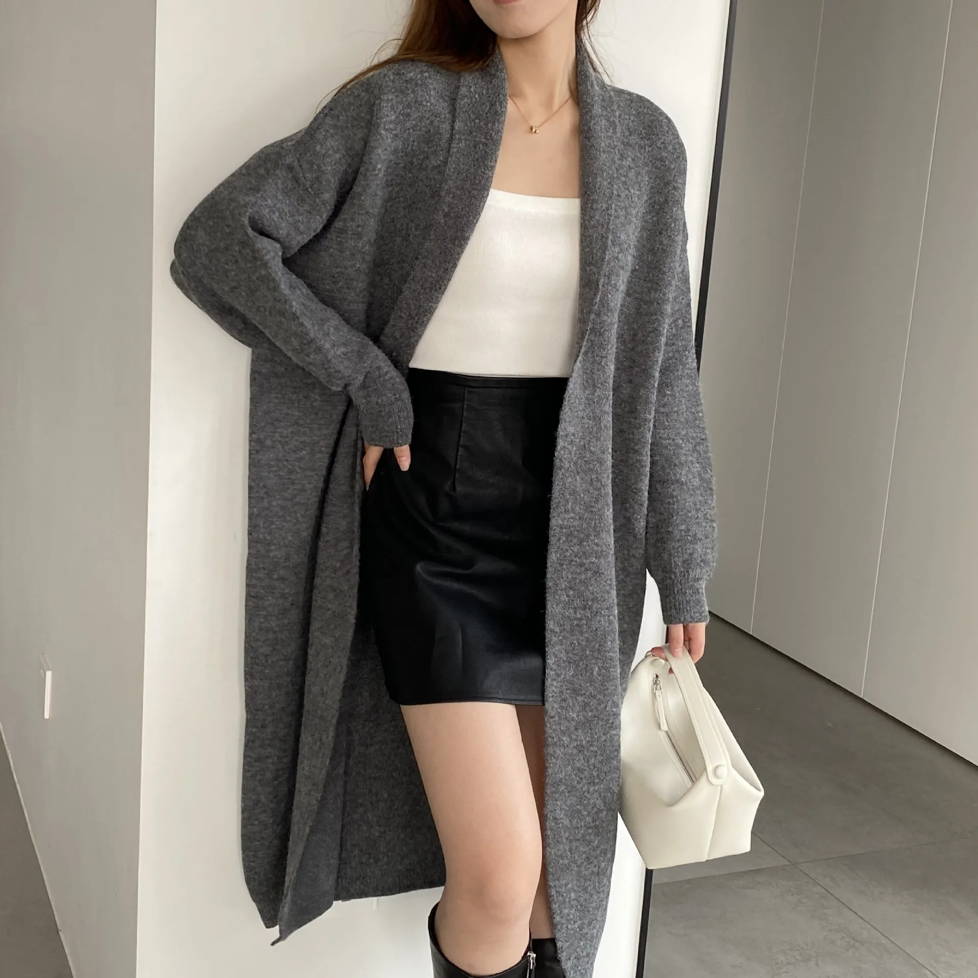 2023 Women Autumn Knitted Sweater Coat Turn Down Collar Cardigans Long Sleeve Women Beige Sweater Tops Loose Style Coat