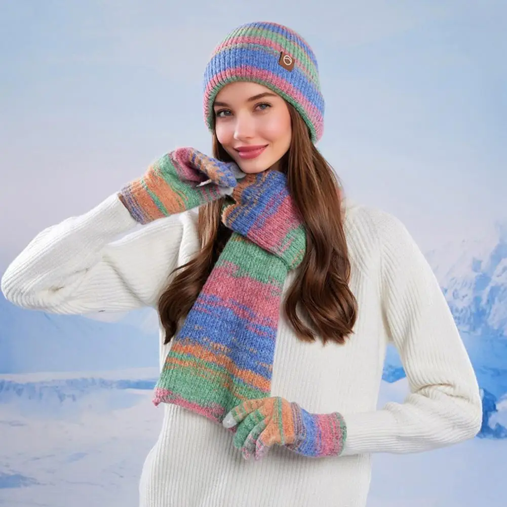 Skiing Hat Scarf Gloves Set 3pcs Women Winter Hat Scarf Gloves Set Thickened Velvet Lined Knitting Hat Long Warm Scarf