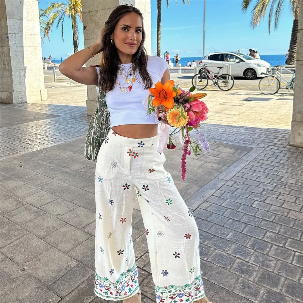 PB&ZA 2024 Spring New Women\'s Fashion and Elegance Casual Loose Versatile Flower Embroidered Straight Leg Pants