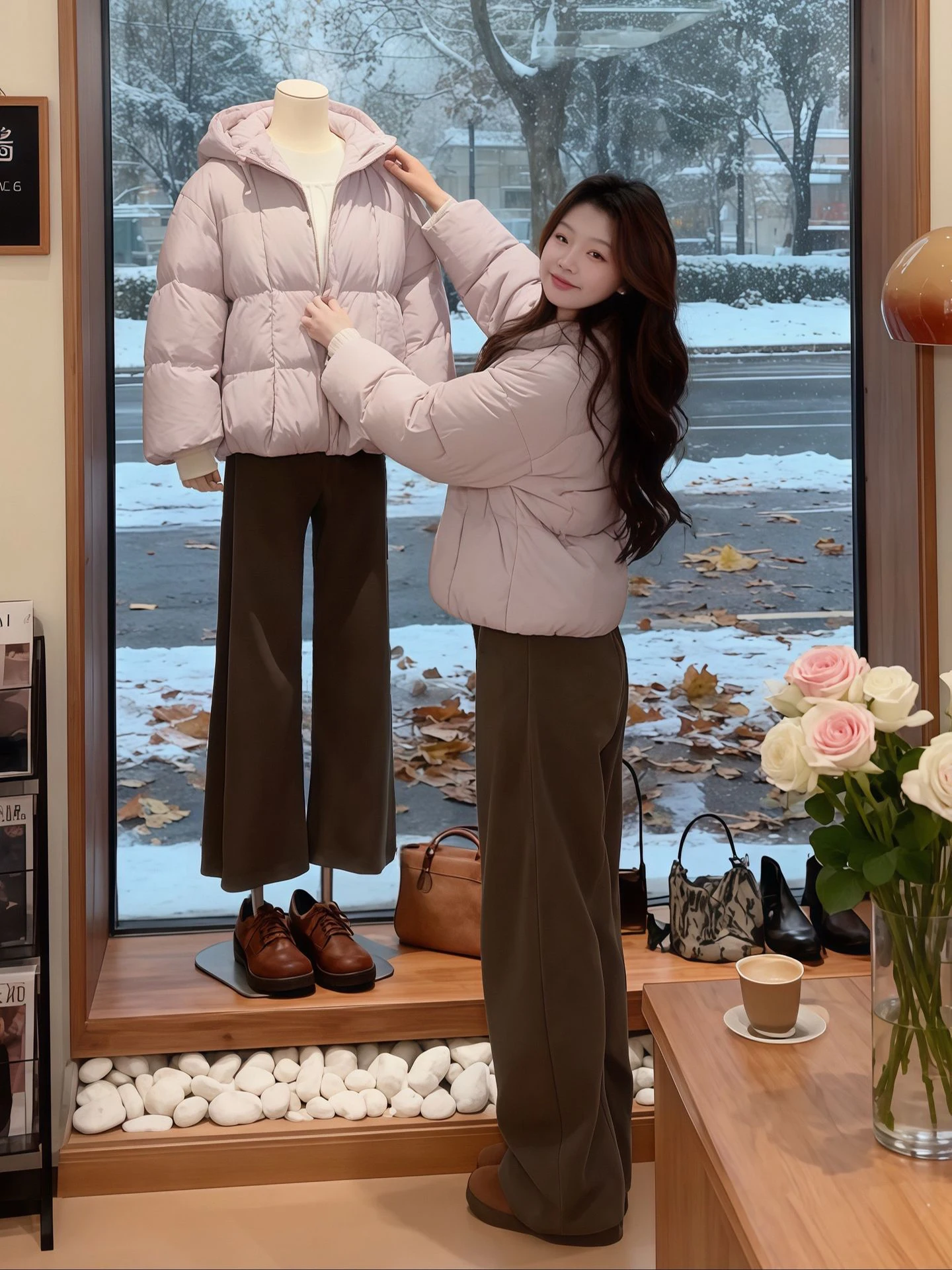 

Winter Warm Hooded down Cotton Jaet Pants Set Women's plus Size Faionable Korean Sle Comfortable Loose Fit High Waist