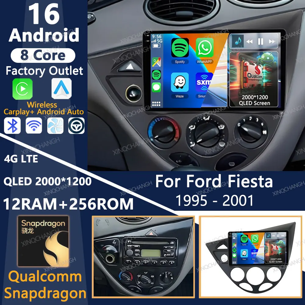 Rádio Automotivo Android 16 para Ford Fiesta 1995 - 2001 Focus MK1 1998 - 2004 Navegação 2DIN Qualcomm QLED Unidade Central GPS Carplay Auto