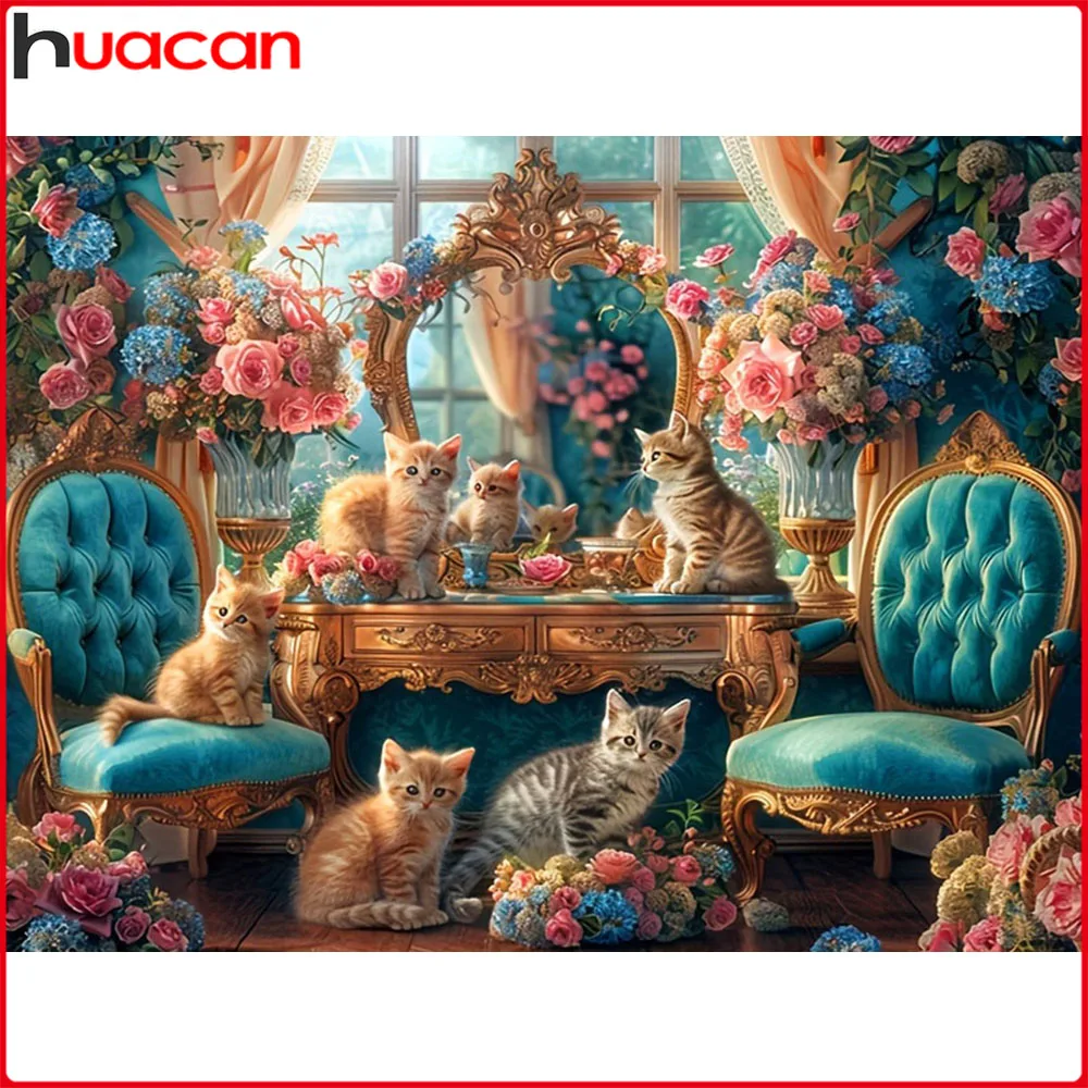 Huacan 5D Diamantmalerei Katze Rose Diamantstickerei Tier Blume Komplettset Dekorative Gemälde