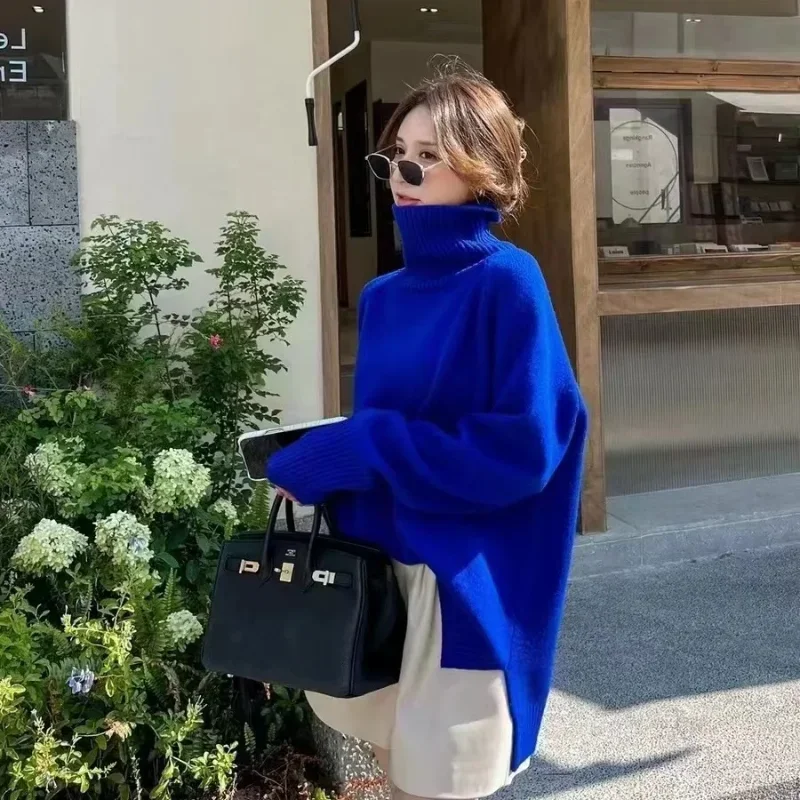 

Сплошной цвет, свитер с высоким воротником для женщин, осень-зима 2022, новый сращенный пуловер, свободный вязаный низ, топ с длинными рукавами