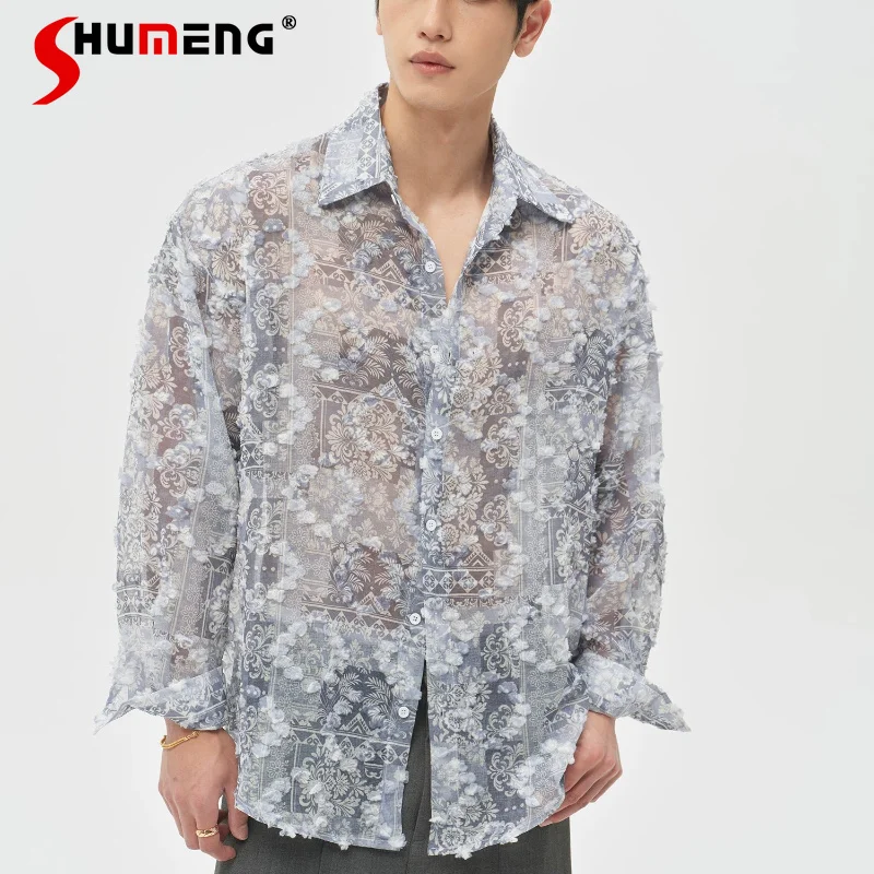 

2026 Men's Summer New Fashion Light Luxury Loose Comfort Shirts Trendy Translucent Jacquard Design Shirts Lapel Long Sleeve Tops