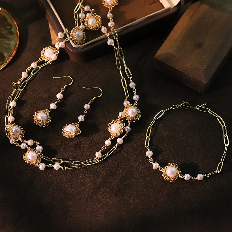 لؤلؤ المياه العذبة الطبيعية زهرة ثلاث قطع مجموعة تصميم فاخر أقراط قلادة سوار هدية مأدبة الزفاف GS0217 #3
