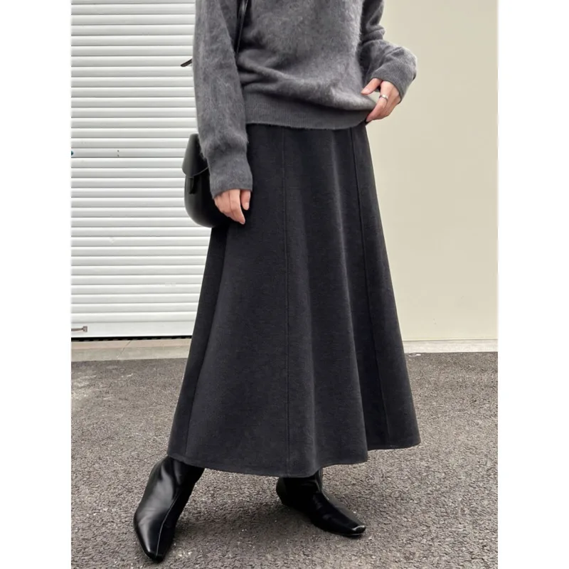 Acetic Acid Wool Blend Six-piece A-line Skirt Winter Women Elastic High Waist Elegant Long Woolen Skirts