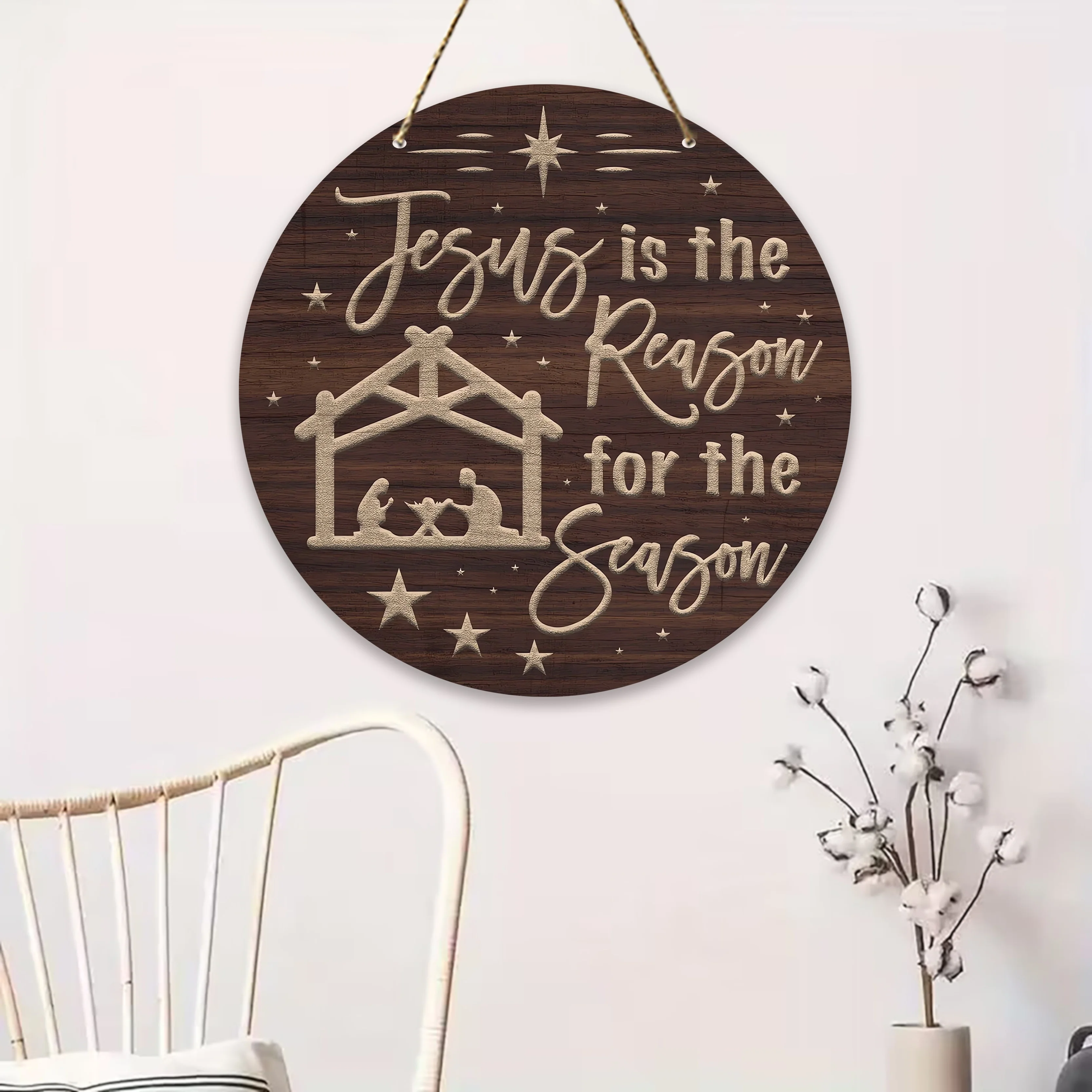 1, Vintage-Zierplakette aus Holz „Jesus is the Reason of this Season“ – kreisförmiges Wandkunstschild, Weihnachtsdekoration