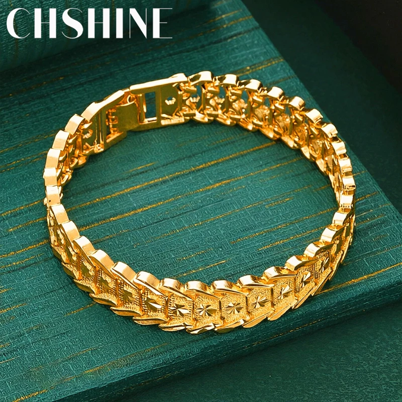 925 Sterling Silver 18K Gold  Wide Engraved Watch Strap Bracelet Box Clasp for Women Classic Vintage Jewelry Gift