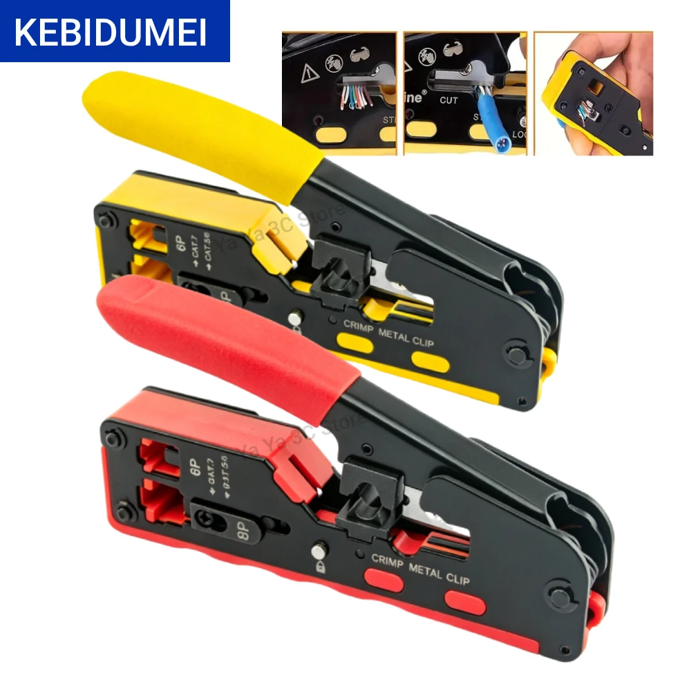 RJ45 Network Crimper Pass Through Multifunction Ethernet Crimping Pliers Crimp/Cut/Strip for Cat6 Cat5 Cat5e RJ45 Connectors