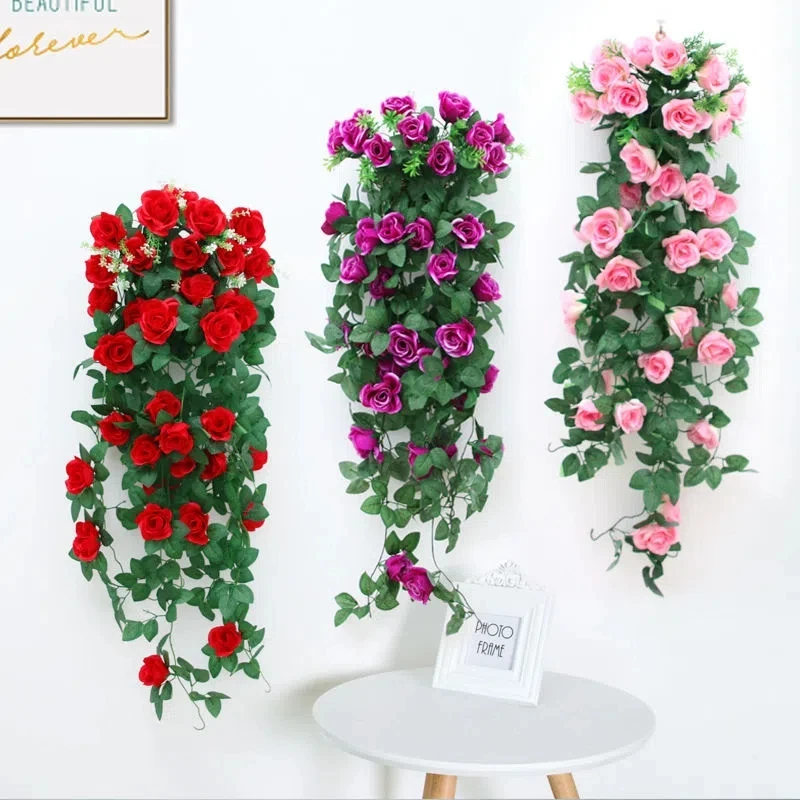 Simple Simulation Rose Wall Hanging Rattan Home Decor Fake Flower Green Plant Balcony Outdoor Garden Wall Plastic Hang Flower