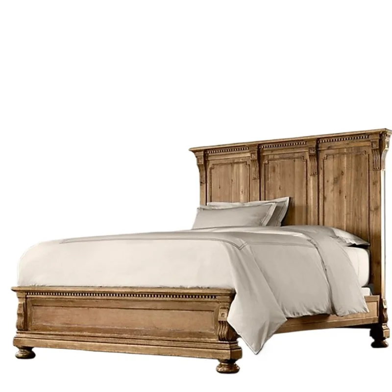 

Solid wood bed 1.8 meters double, master bedroom furniture hand-carved oak retro old flat head wedding bed