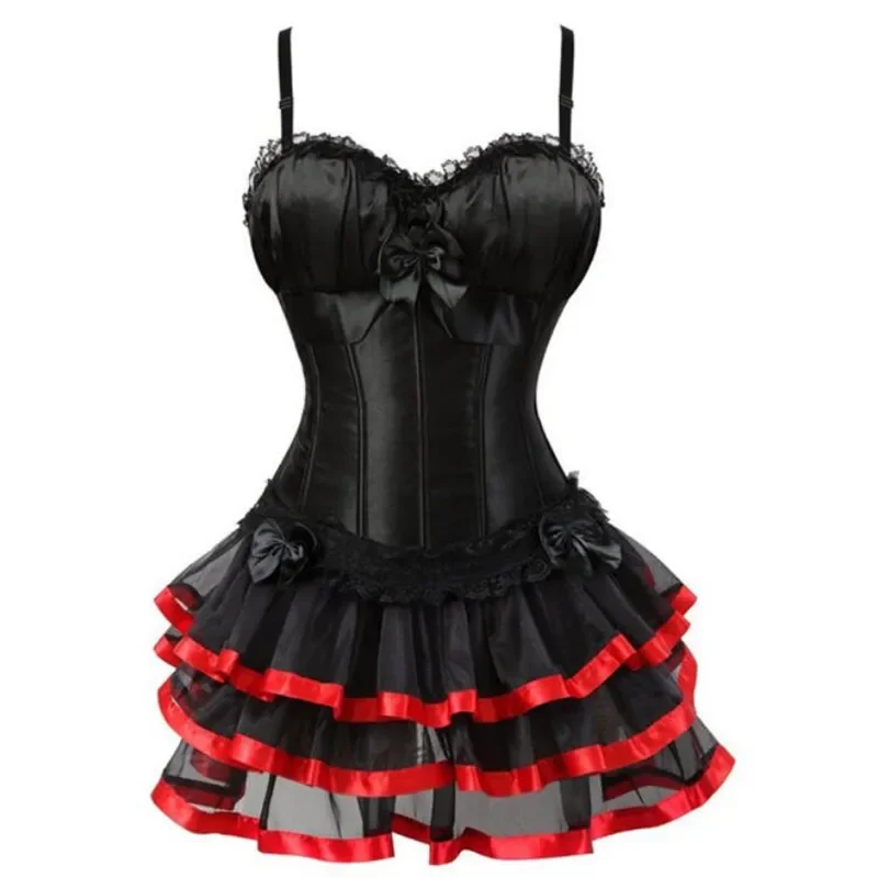 

Women Sexy Strap Corset Dress Satin Lingerie Lace up Bowknot Decorated Overbust Bustiers Corsets With Tutu Skirt Set Plus Size