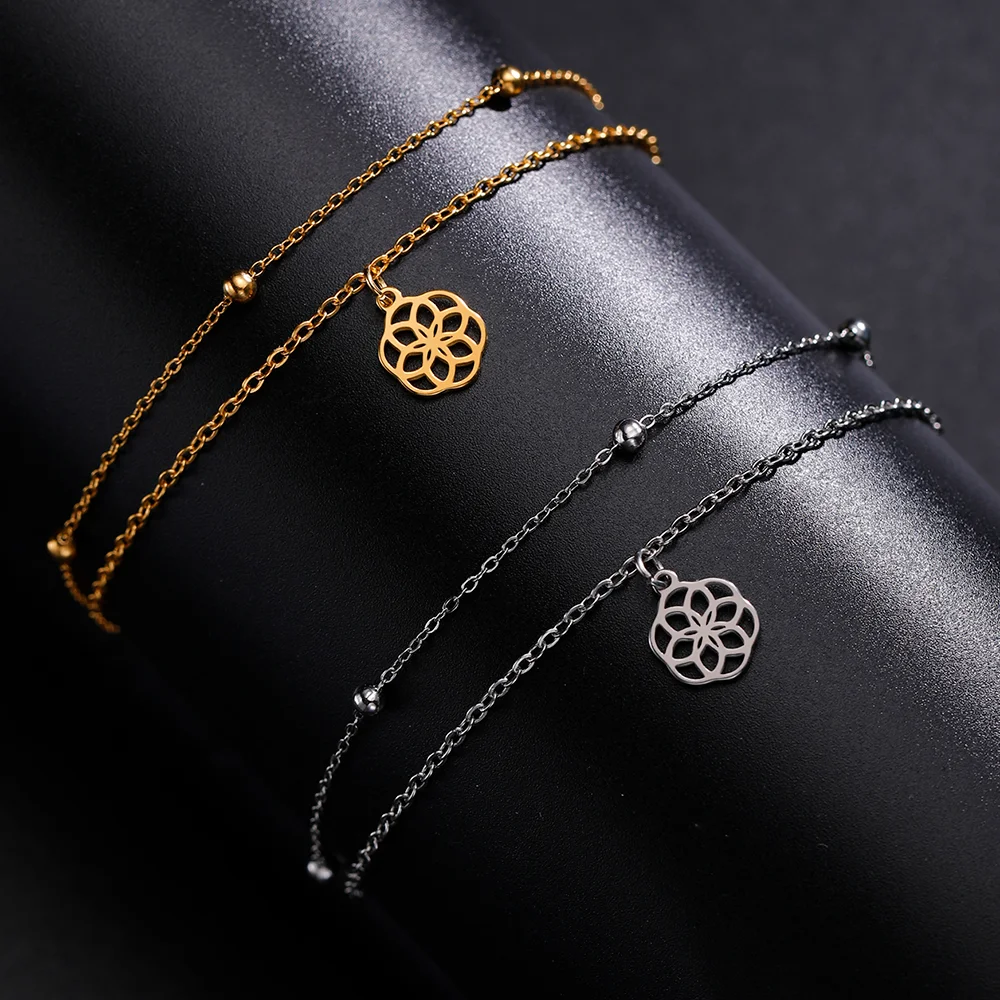 Pulseira Flower of Life Cazador para mulheres, aço inoxidável, jóias estéticas, corrente dupla, presente na mão, atacado, 2024