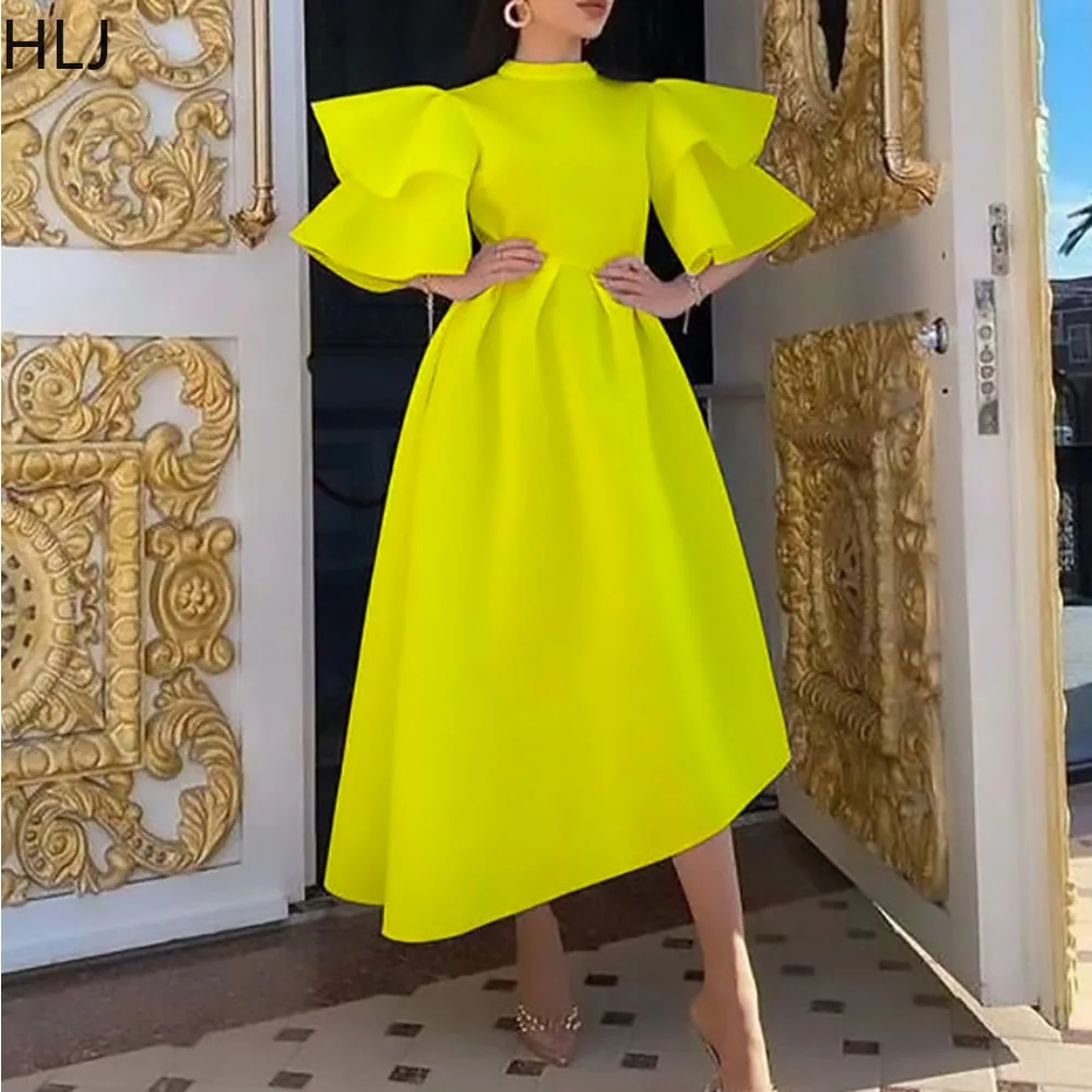 

HLJ Elegant Lady Solid Ruched Party Club Dresses Women Round Neck Ruffle Short Sleeve A-line Irregular Vestidos Spring Clothing