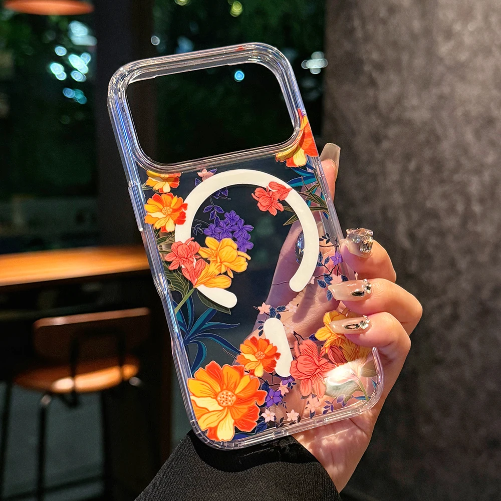 Luxuriöse Transparente Blumen-Magsafe-Handyhülle für iPhone 18 17 16 15 14 13 Pro Max 16E Magnetische Kabellose Ladefunktion Stoßfeste Hülle – Detail 3