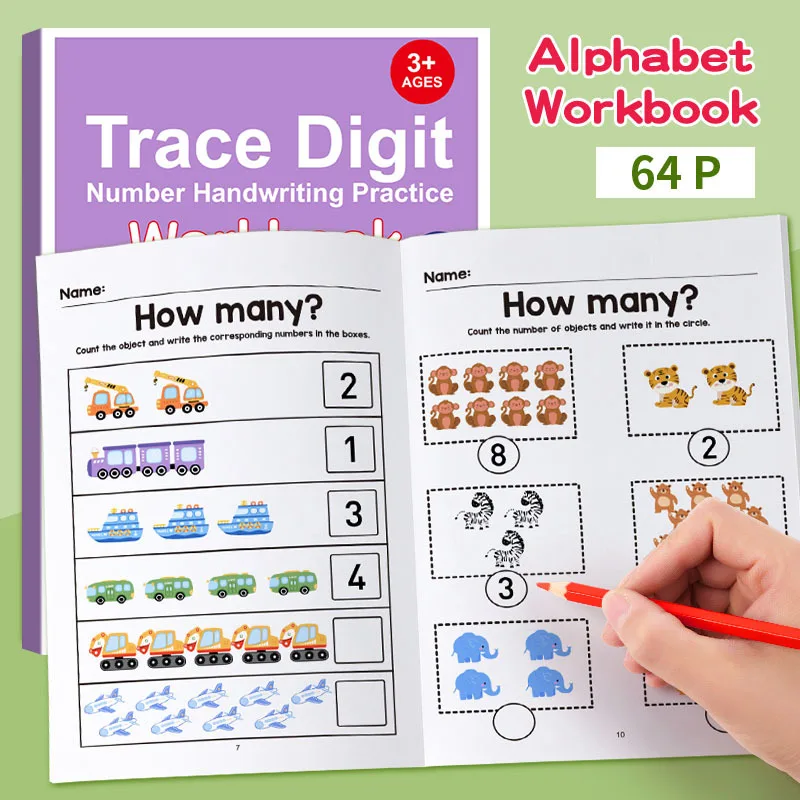 64 Page Interactive Preschool Math Workbook Number Tracing Addition and Subtraction Exercises Early Education Activities