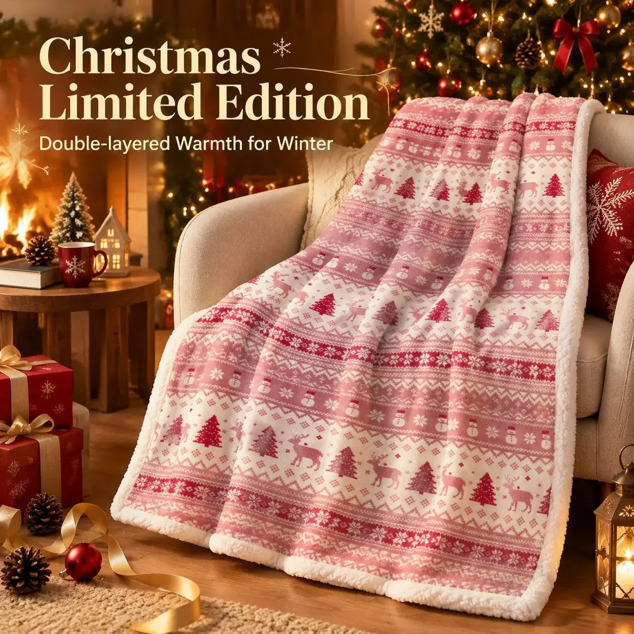 Christmas Sherpa Throw Blanket, Double Layer Flannel Fleece Reversible Blanket, Xmas Reindeer Warm Winter Blanket For Sofa Bed