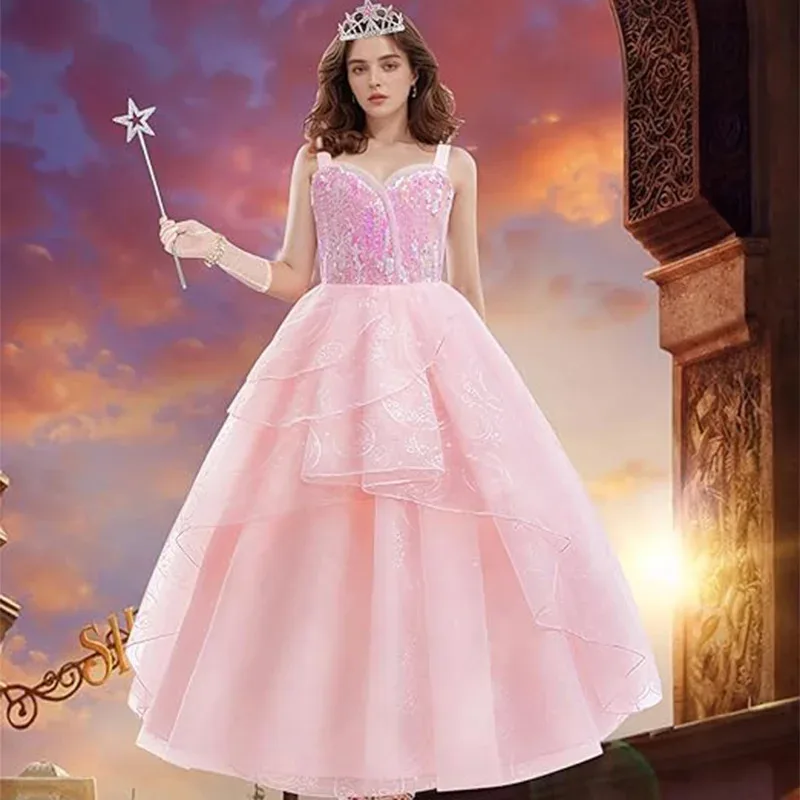 أزياء النساء الساحرة التأثيرية للبالغين فستان الأميرة من التول الوردي الشريرة + عصا + تاج غليندا تمويه امرأة فستان كرنفال الهالوين