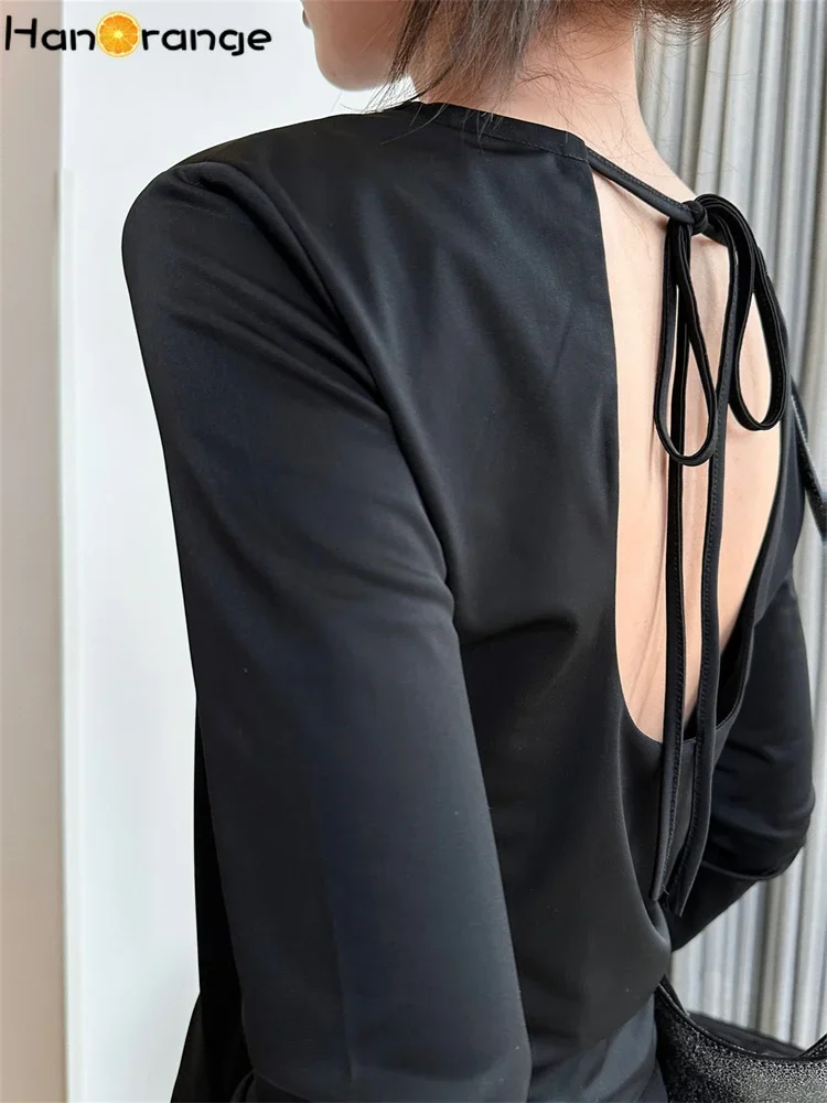 HanOrange 2026 Spring Fashiona Sexy Hollow Back T-shirt Women Soft Cool Slimming Tees Top Black