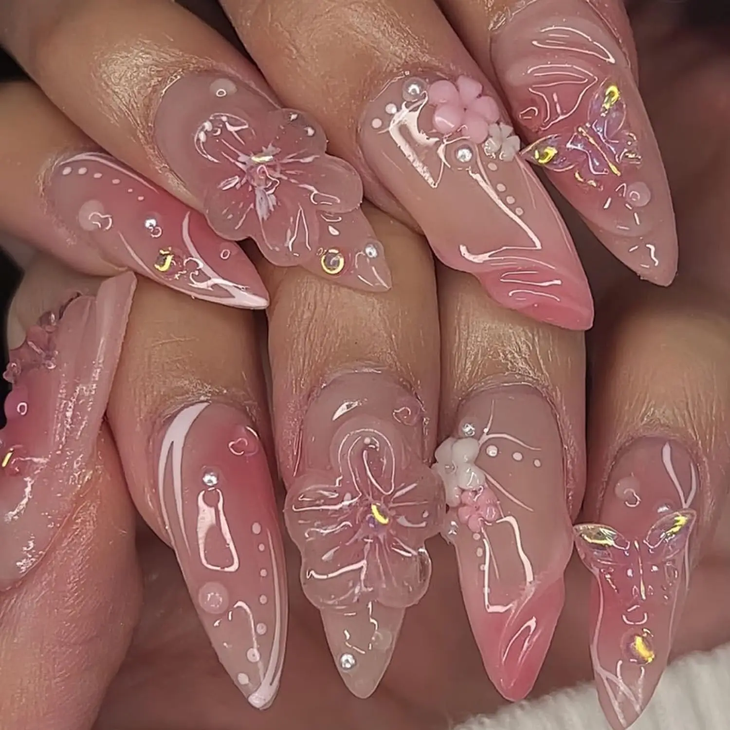

10PCS Medium Almond Shaped Nail With 3D Flower Pearl Design, Fake Nail, Pink Gloss Gradient Acrylic Nail, Fully Covered Nail