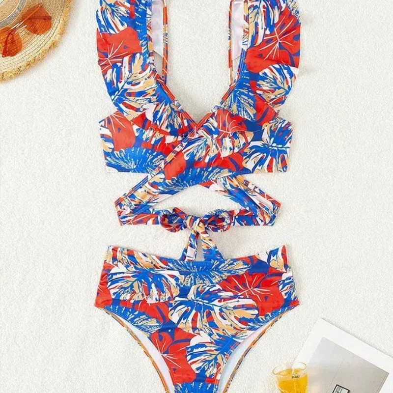 

2025 Summer Floral Print Bikini Set Women's Sexy High Waist Ruffled Backless Two-Piece Swimsuit Holiday Beach One Piece Swimsuit