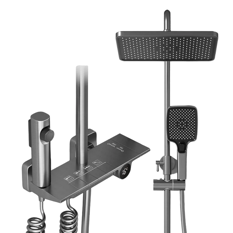 

European Style Grey Wall-Mounted Stainless Steel Shower Column Rain Shower Head Pause Jet Ceramic Hot Polished Chrome