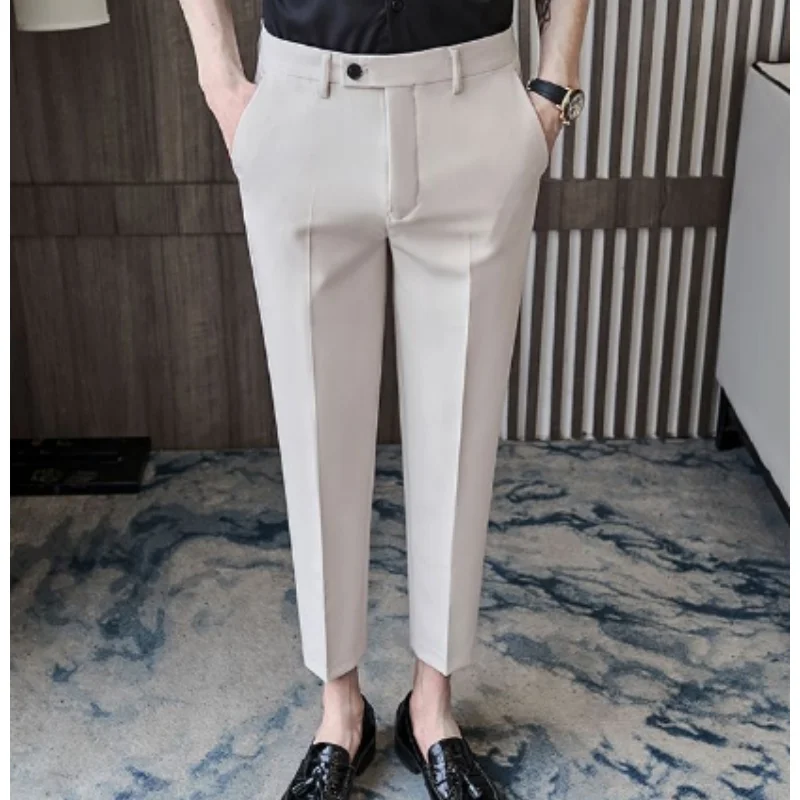 Men's Business Pants Spring/Summer Korean Leisure Pants  Men Crop Drop Long Pants Slim Fit Small Foot Straight Trouser  D0060