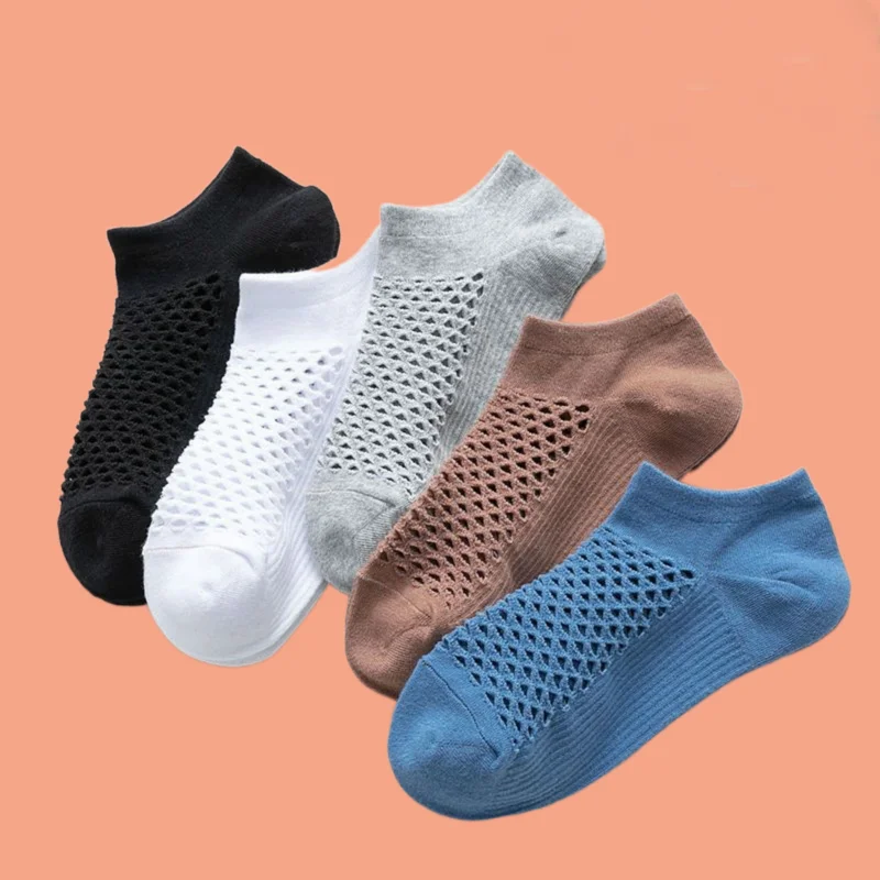 5/10 Pairs Men\'s Summer Breathable Mesh Thin Socks Sweat-absorbing Elastic Cotton Socks Solid Color Low-Cut Ankle Boat Socks