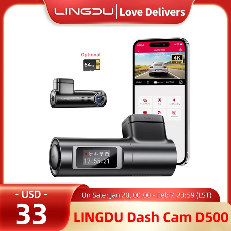 LINGDU 4K Dash Cam D500 Ultra HD Front Car Camera Built-in GPS Record Car DVR 24H Parking Monitor 150°FOV WIFI APP Voice Control