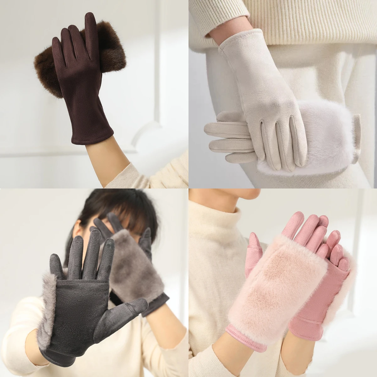 1 زوج الشتاء المرأة قفازات شاشة تعمل باللمس أرنب قفازات من الفرو سميكة الجلد المدبوغ قفازات دافئة ركوب النساء جهاز تدفئة محمول القفازات