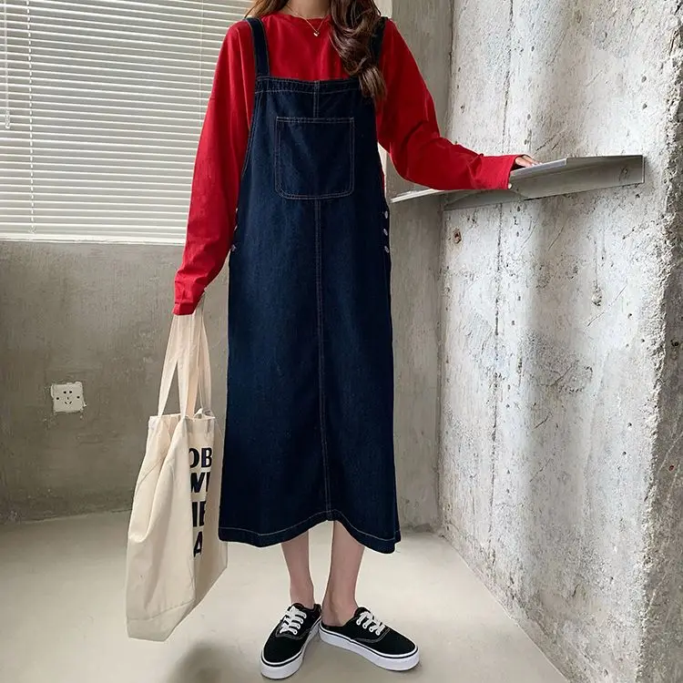 Vintage Preppy Style Suspender Skirt Women Front Pocket Design A-Line Denim Overalls Loose Long Midi Skirt 2024