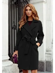 Autumn and Winter Women's Fashionable Slim Fit Waist Belt  Lapel Wool Jacket  Women's Fashionable Solid Color Trench Coat