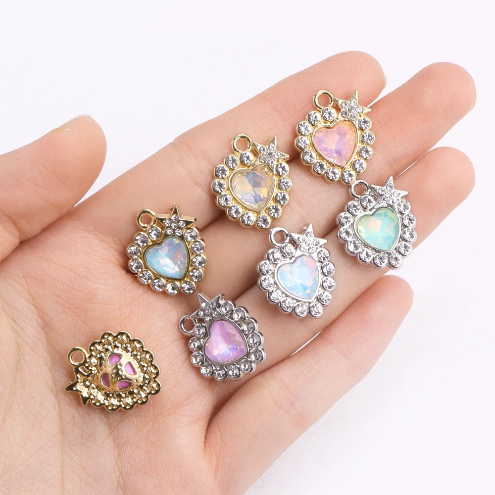10Pcs Shining Gold Silver Color Alloy Crystal Zircon Love Heart Pendant Women\'s Necklace Earrings Charm DIY Craft Material