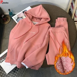 Winter Jogger 2 Stück Sets warme Kapuze Sweatshirt Trainings anzug hohe Taille Harems hose Anzüge Plüsch gefüttert dicke Baggy Conjuntos