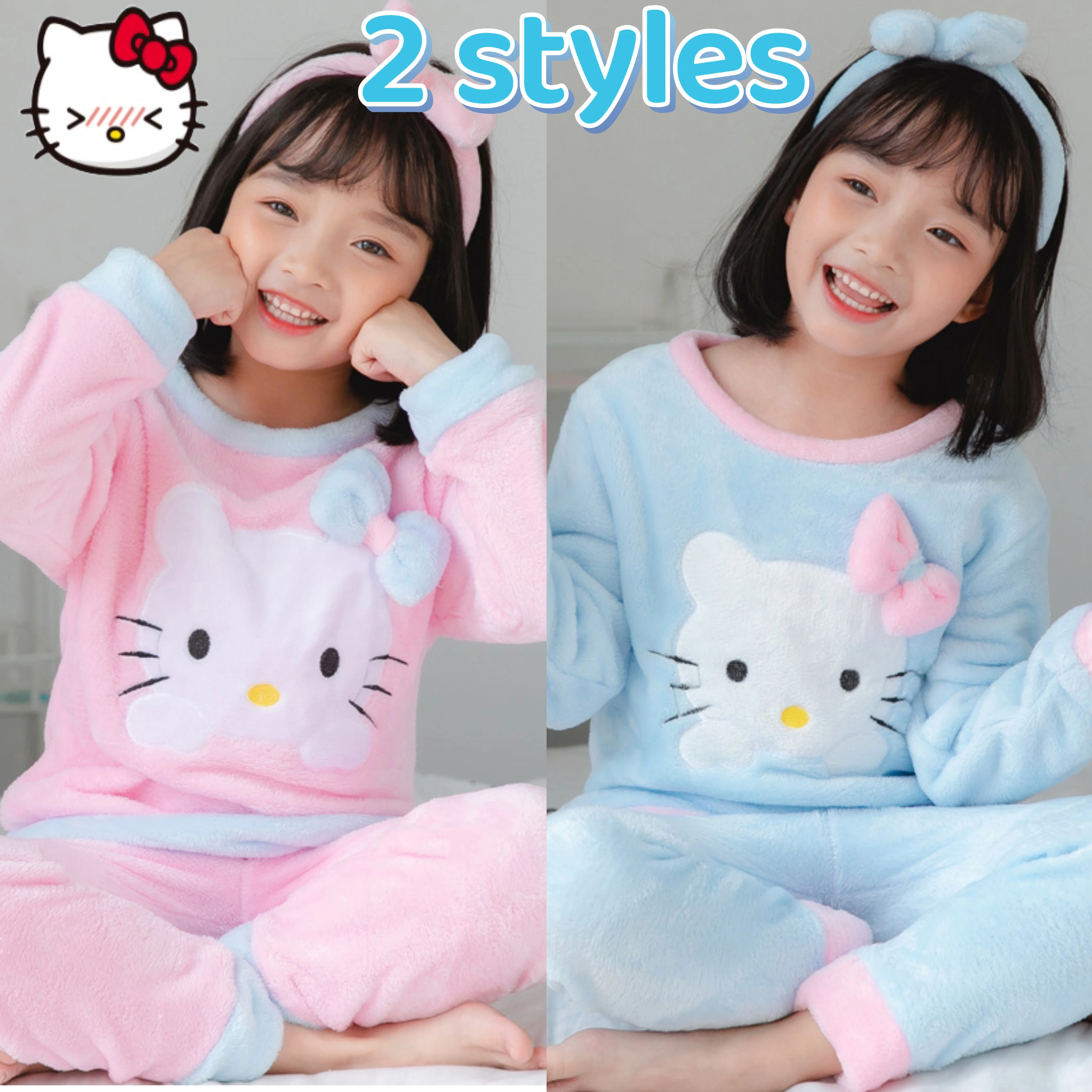 Sanrio Hello Kitty Set Hairband Children'S Winter Pajamas Flannel  Winter Sweet Home Clothes Xmas Gift Girls' Thickened Pajamas