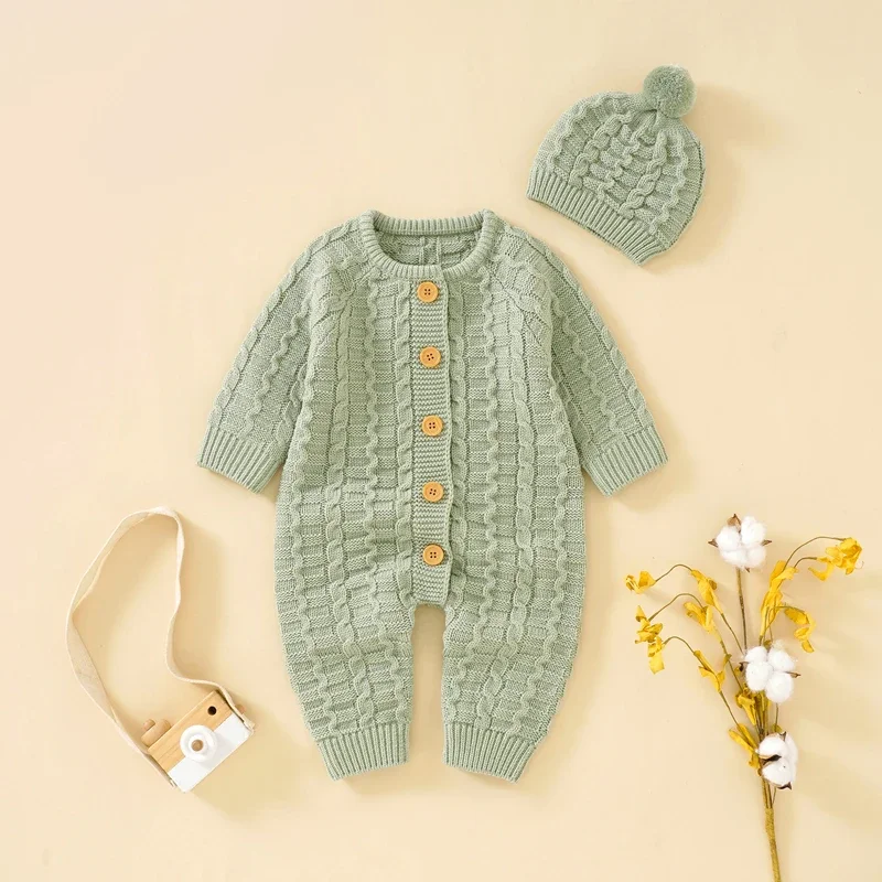 

Newborn Baby Romper Long Sleeve Infant Boy Girl Jumpsuit Outfits Knit Autumn Toddler Children Clothing Hat Fashion Solid Onesies