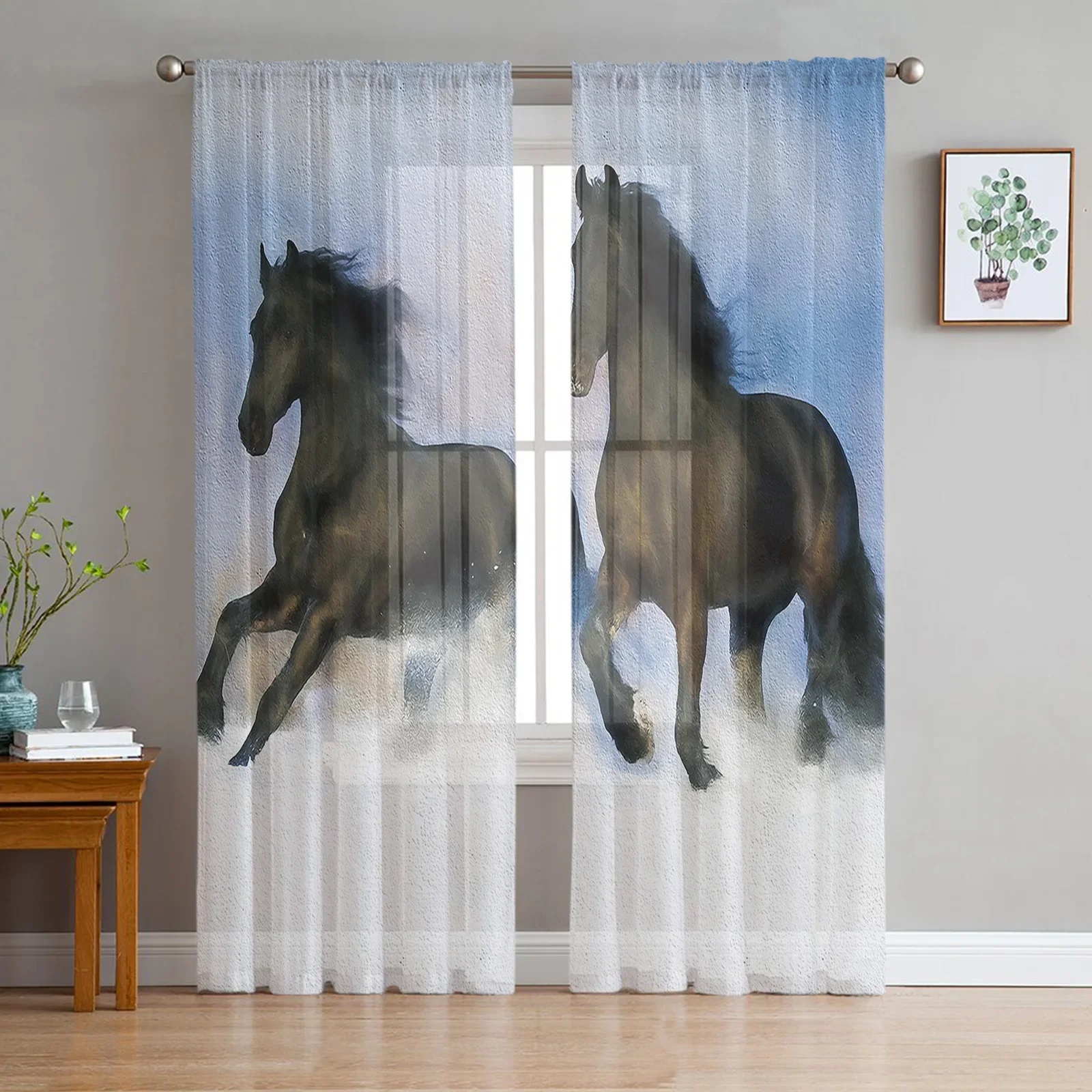 Oil Painting Style Horse Galloping In The Snow Tulle Window Treatment Sheer Curtains for Living Room the Bedroom Decoration