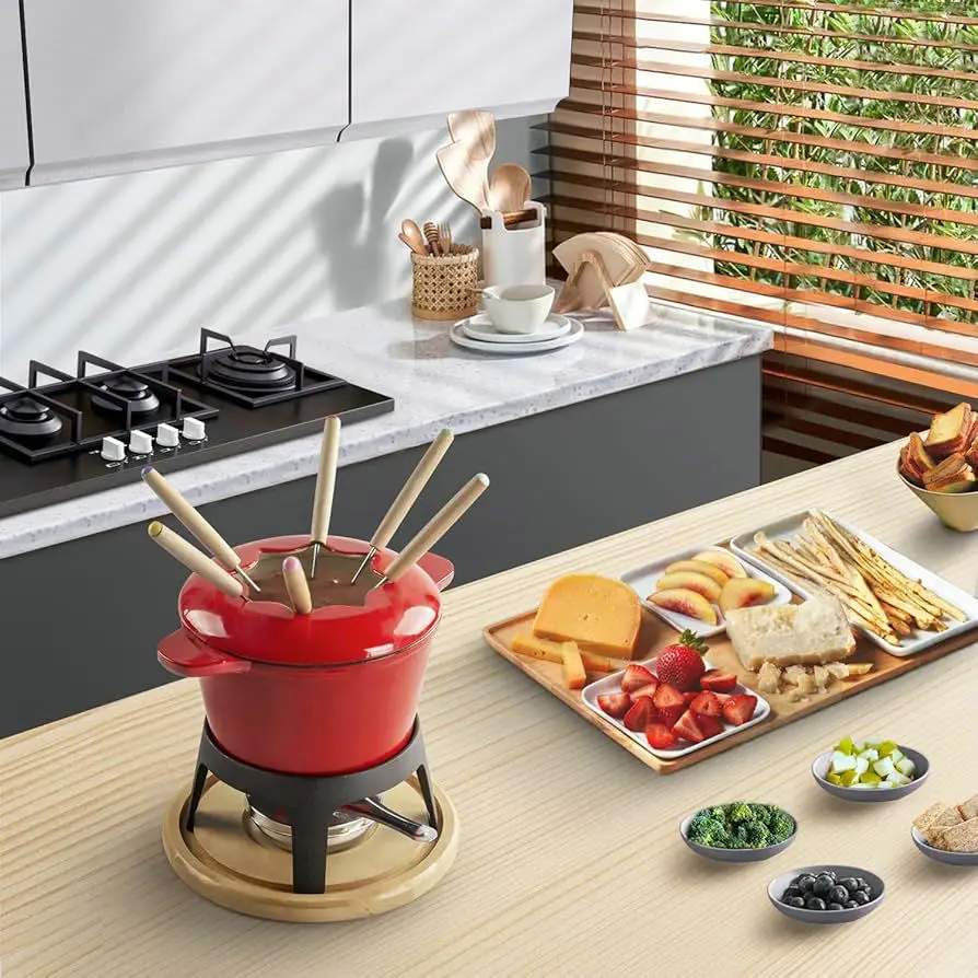 

New Arrival Cookware 16cm Red Enamel Cast Iron Fondue Pot Chocolate Fondue Cast Iron Cheese Fondue Sets With Stainless Forks