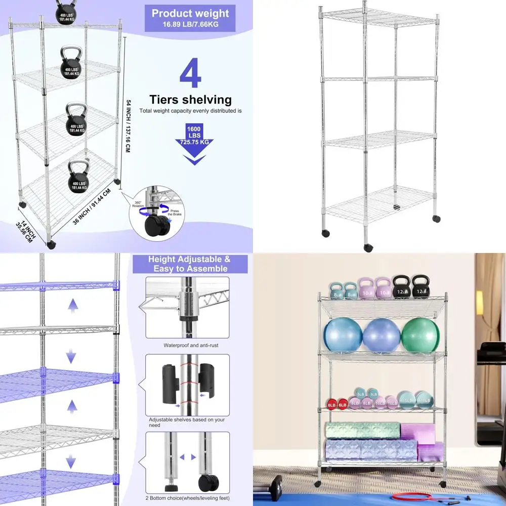 

Adjustable Heavy-Duty 4-Tier Steel Shelves with Wheels, 400 lbs Capacity per Tier, 36x14x54, Chrome Finish