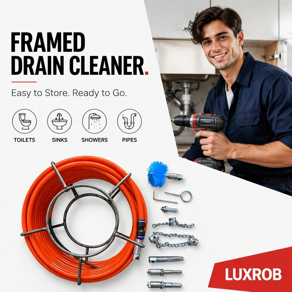 10-20M Drain Auger Drain Snake 6mm 65Mn Steel Spring with Metal Storage Frame Full Attachments 3 Adapters Pipeline Unclog Tool