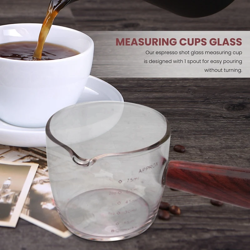 Glas-Messbecher, Espresso-Schnapsglas, 75 ml, dreifacher Krug, Barista, Einzelausgießer mit Holzgriff