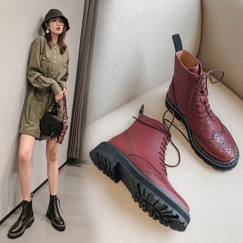 INS 2023 Women Ankle Boots Cowhide Chunky Heel Shoes Autumn Winter Ladies Shoes Lace Up Short Boots Motorcycle Woman Boots