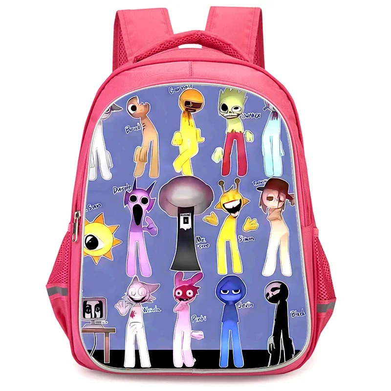 Mochilas escolares S-Sprunki de 16 polegadas com bolso duplo com zíper, mochila rosa de desenho animado para meninas, bolsas infantis duráveis para estudantes de alunos