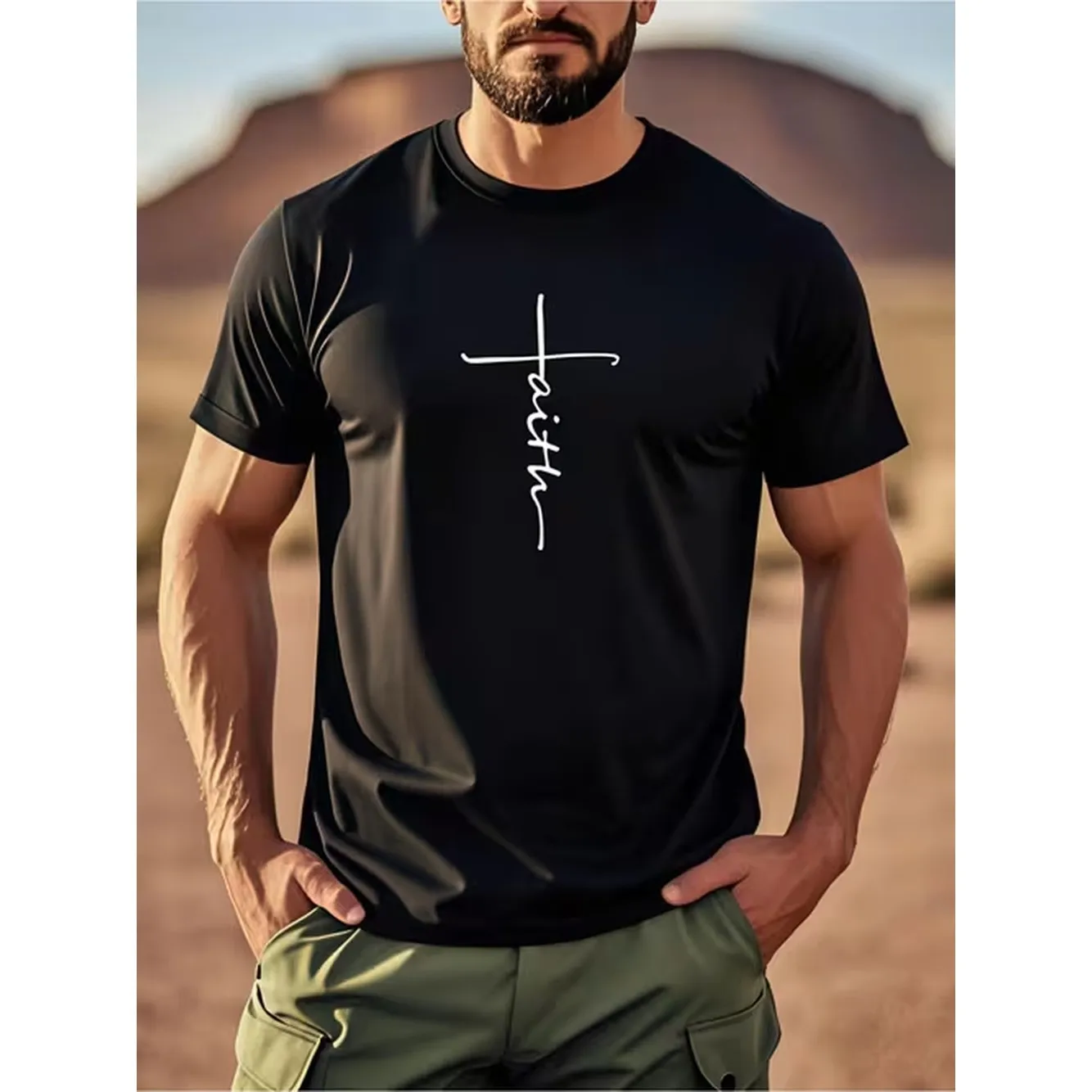 item picture mens casual crew neck t shirt with cross and faith print lightweight polyester short sleeve suitable for outdoor activities