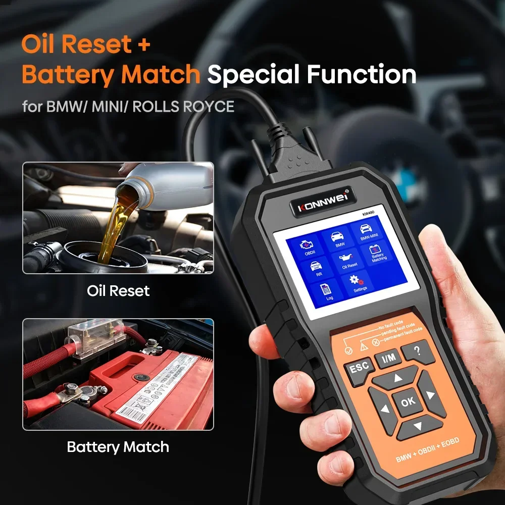 KONNWEI KW480 Obd2 Scanner for BMW Cars Obd 2 ABS Airbag SRS Oil REST Full Systems Diagnostic Tool Battery Match E38 E46