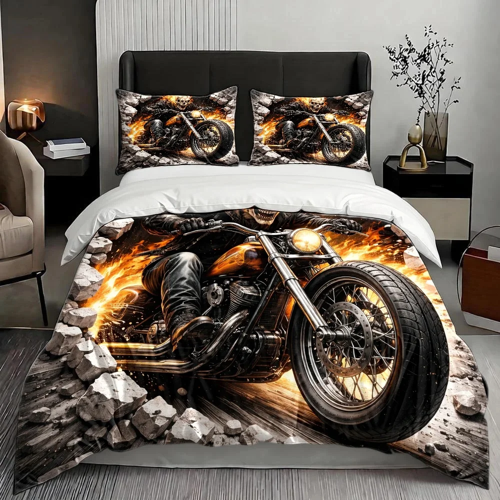 3Pc Ghost Rider Flame Skull Motorcycle Wall-Breaking Theme Duvet Cover Set, Three-Piece Bedding Set (1*Duvet Cover + 2*Pillowcases), Suitable for All Seasons, Machine Washable, Invisible Zipper, Large Double Bed Cover, Suitable for Home, Dormitory, Master Bedroom, Guest Room, Personalized Trendy Motorcycle Skull Print Bedding Set, Bedroom Decoration Bedding Set, 2D Flat Print view 3