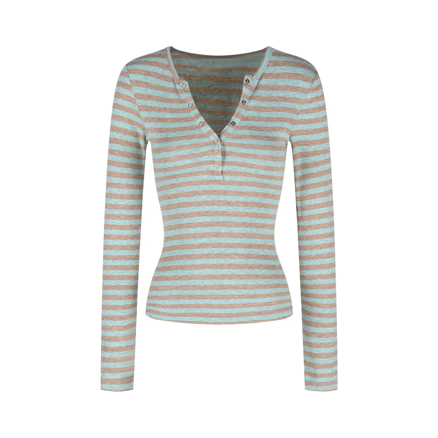 اللون حجب مخطط بأكمام طويلة تي شيرت للنساء الخريف سليم صالح الخصر Cinching الطبقة الداخلية قاعدة شبه مفتوحة الرقبة