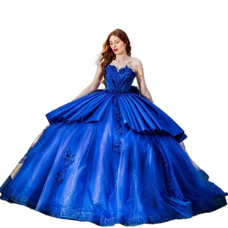 Vestidos Royal Blue Princess Quinceanera, apliques de renda, sem mangas, 16 vestido de festa para meninas, 15