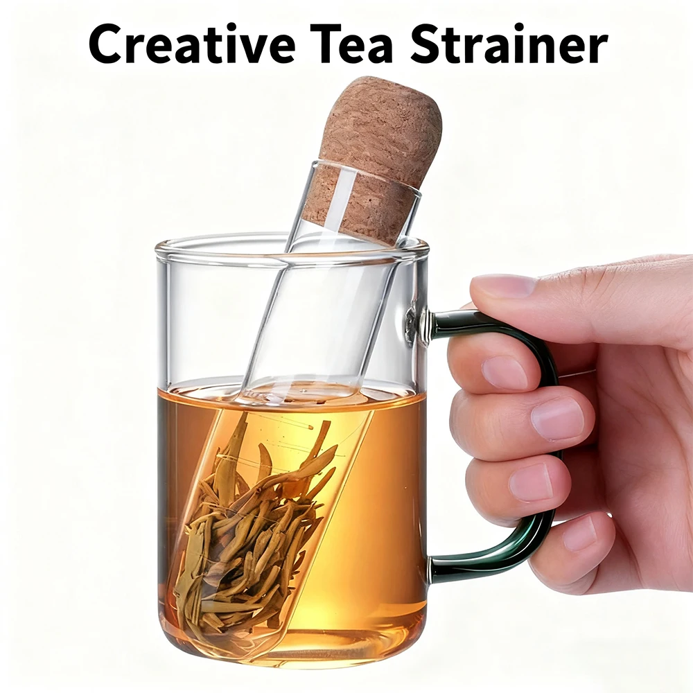 

New Creative Glass Tea Infuser Pipe Tea Set – Glass Tea Strainer with Cork Stopper, Filter for Puer/Herb Tea (Mug Use)